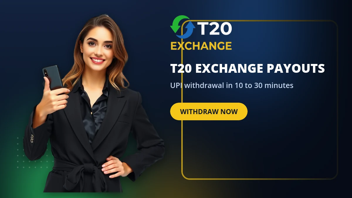 T20 Exchange withdrawal request showing a UPI payout to a bank account